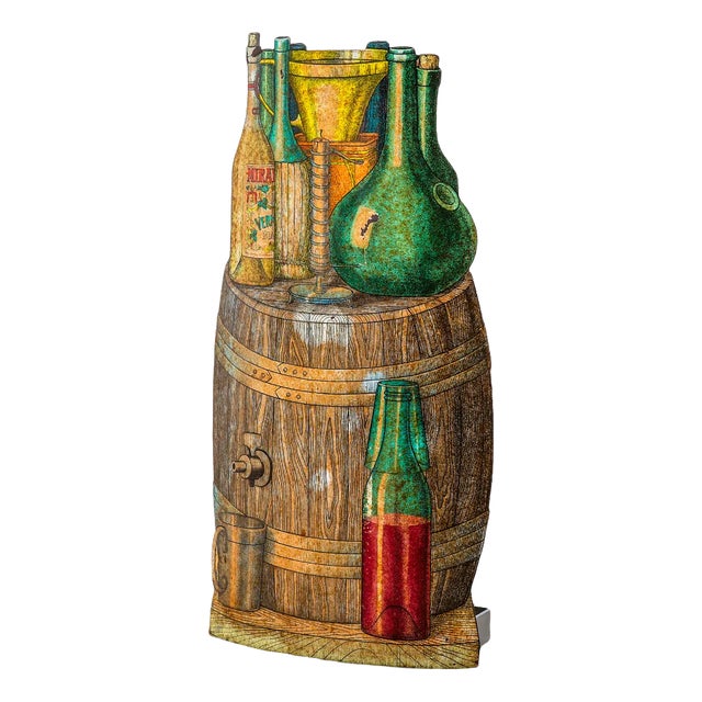 Silkscreened Metal Wine Barrel Umbrella Stand by Piero Fornasetti, 1950s For Sale