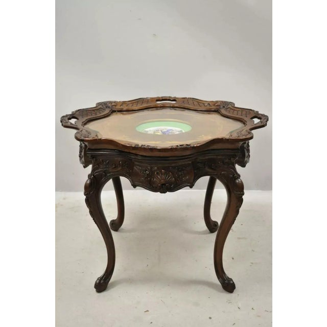 Antique French Louis XV Walnut Coffee Table W/ Angelica Kauffman Porcelain Dish For Sale - Image 11 of 11