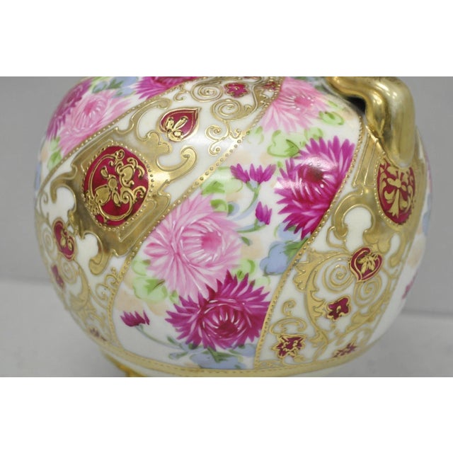 Antique Nippon Moriage Porcelain Twin Handle Ball Vase W/ Hand Painted Roses For Sale In Philadelphia - Image 6 of 14