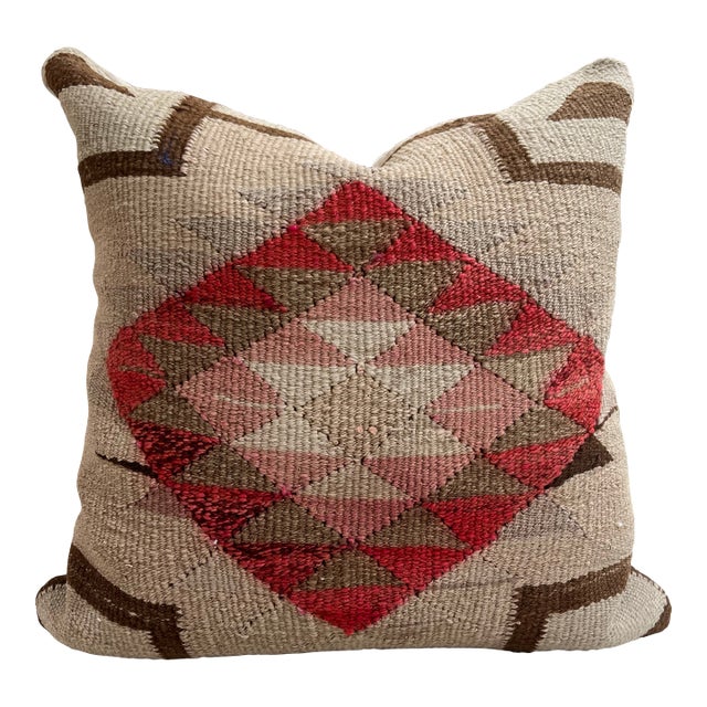 Velvet Back Pillow Made from Antique Handwoven Kilim Rug For Sale