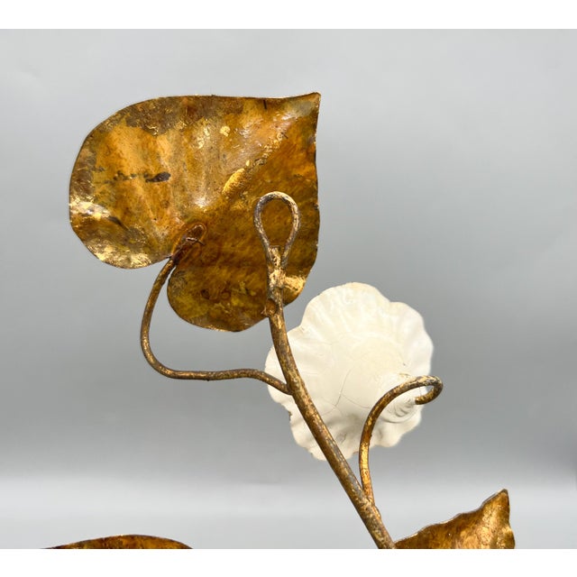 Vintage Italian Gilt Tole Floral Wall Sconces, Pair With White Trumpet Flowers – Hollywood Regency / Italian Provincial For Sale - Image 12 of 15