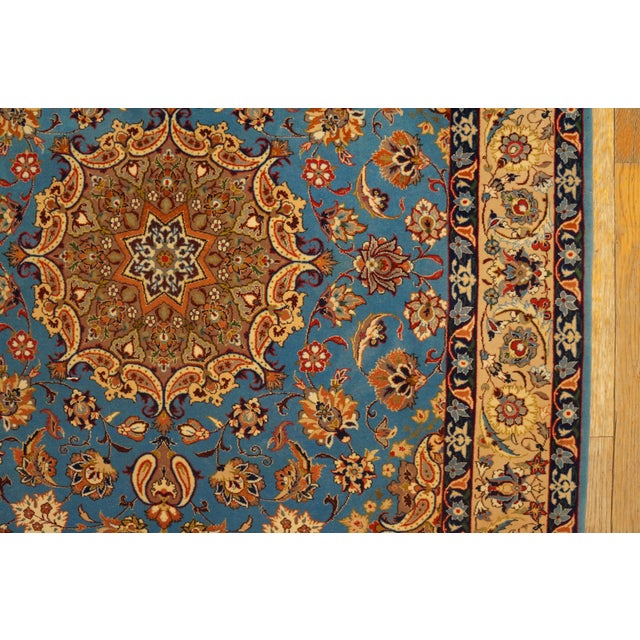 Mid 20th Century 1940s Blue Medallion Antique Persian Isfahan Rug Silk Highlights 3'6" X 5'2" Wool Knotted Carpet For Sale - Image 5 of 8
