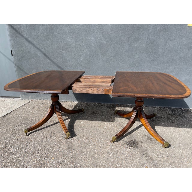 Antique 1920s Mahogany Double Pedestal Dining Table – 88" X 45" – Brass Casters For Sale - Image 4 of 6