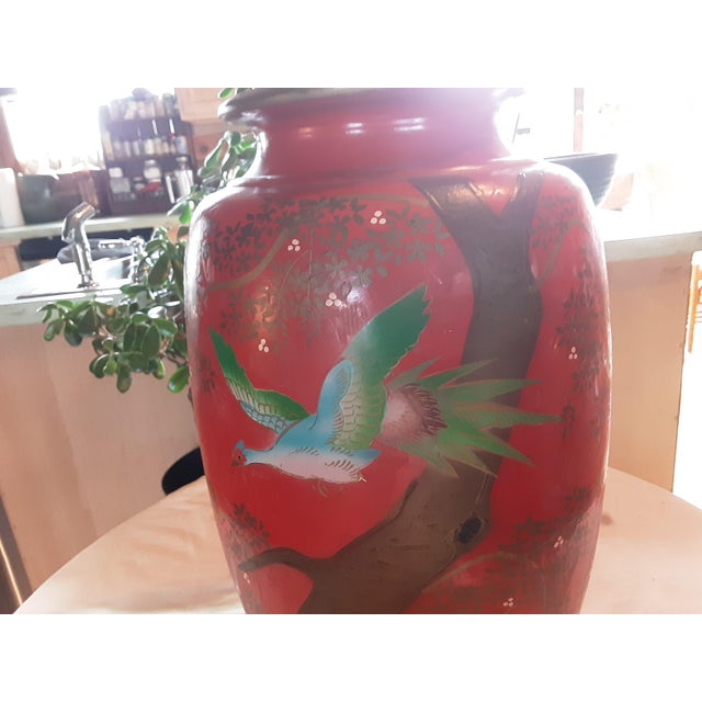 1940's Ucagco Large Red Hand Painted Japanese Vase For Sale - Image 4 of 10