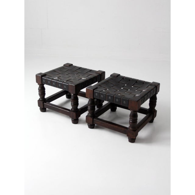 Mid-Century Spanish Revival Leather Strap Stools Pair For Sale - Image 4 of 15