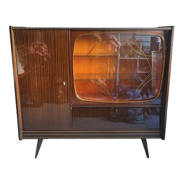 Rare Vintage German Qualitasmobel Midcentury Modern 1950's Shrunk Glass Shelf Dry Bar Cabinet For Sale