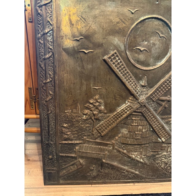 Bronze Antique Embossed Fireplace Summer Cover, Windmill Scene, Bronze-Tone Metal For Sale - Image 8 of 13