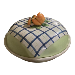 Vintage 2 Pc Bella Casa by Ganz Trompe L’Oeil Blue and White Plaid Peach 3d Fruit Kitchen Pie Saver Dish With Lid Peaches Scalloped Edge
