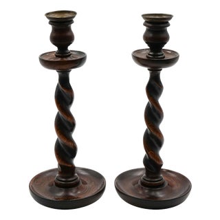 Early Victorian English Oak Barley Twist Candle Sticks (3), Set of 2 For Sale