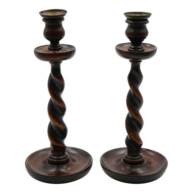 Early Victorian English Oak Barley Twist Candle Sticks (3), Set of 2 For Sale