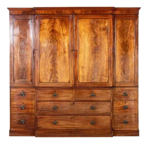 Large English Mahogany Breakfront Linen Press, 1880s