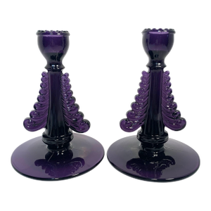 Early 1900s Scrolled Amethyst Glass Candlestick Holders Pair Art Nouveau