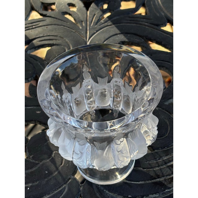 Beautiful Lalique Dampierre crystal vase featuring Lalique’s iconic frosted sparrow motif. Designed by Marc Lalique in...