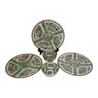 Vintage Hand Painted Porcelain Rose Medallion Mid Century Dinnerware, 5 Pc For Sale