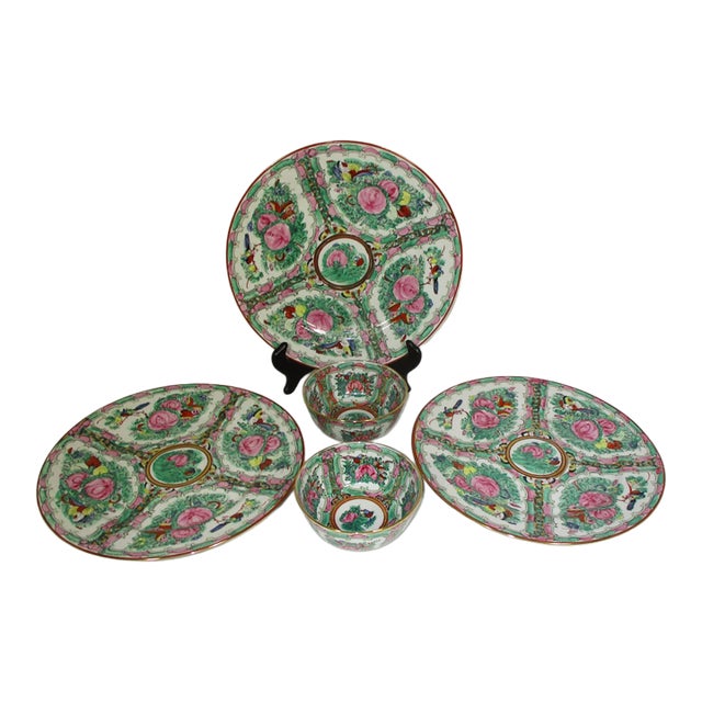 Vintage Hand Painted Porcelain Rose Medallion Mid Century Dinnerware, 5 Pc For Sale