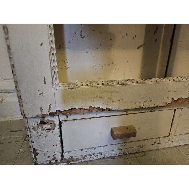 Wood Antique French Hand-Painted Bookcase/Cabinet - Distressed White, Beaded Trim, Double Door For Sale - Image 7 of 8