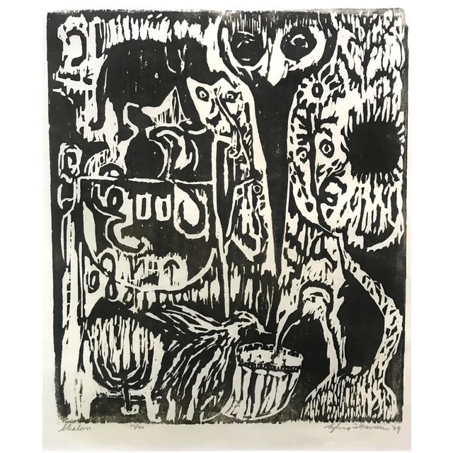 Expressionism Vintage Expressionist Judica Wood Block Print "Shalom" by Sylvia T. Gavurin 1969 For Sale - Image 3 of 8