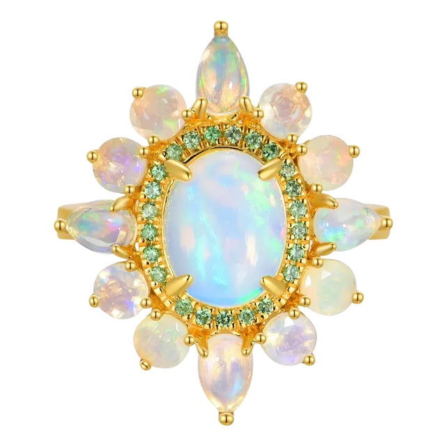 Kai Opal Tsavorite Cocktail Ring in 14k Solid Gold, Size 6 For Sale