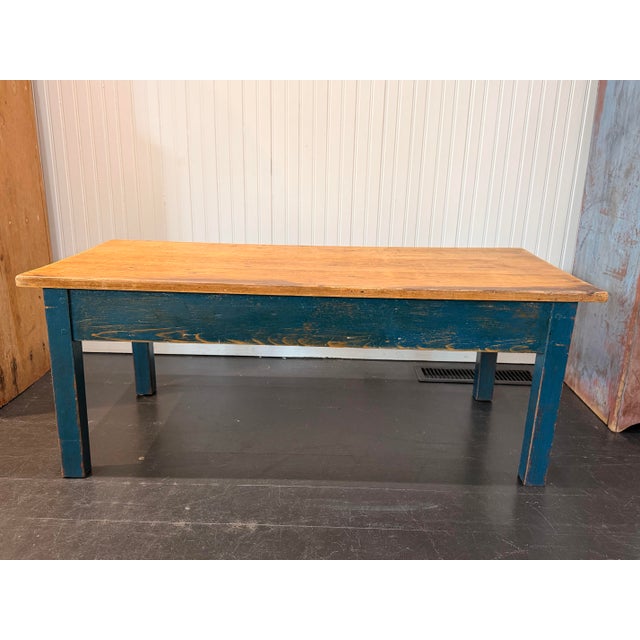 English Pine Coffee Table With Blue Painted Base For Sale - Image 4 of 9