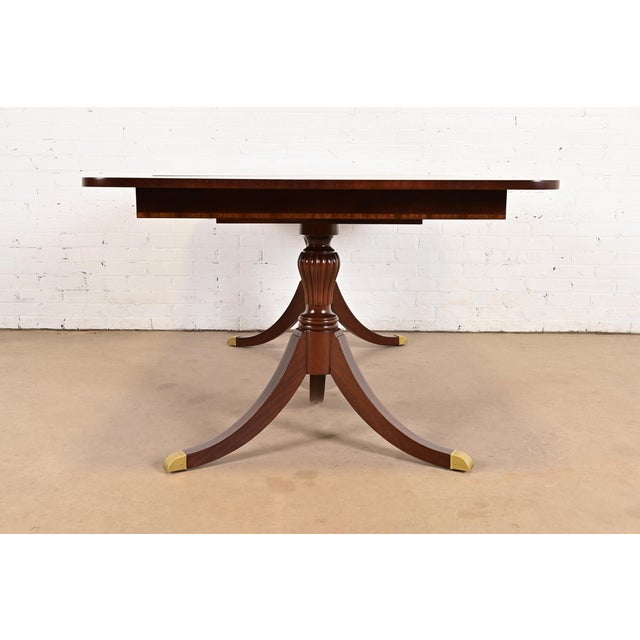 Baker Furniture Style Georgian Banded Mahogany Double Pedestal Extension Dining Table, Newly Refinished For Sale - Image 10 of 11