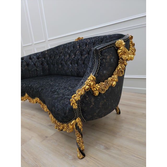 1950s Midnight Royale Tufted Sofa | Black & Gold Baroque Statement Couch | Victorian Glam Living Room Sofa For Sale - Image 9 of 11