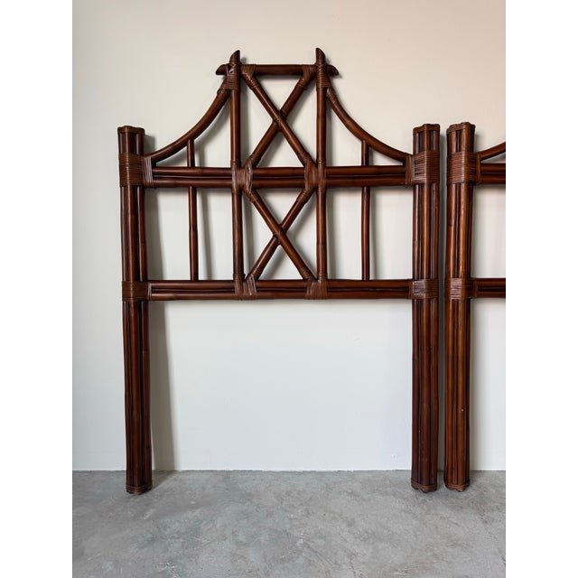 Pair of Vintage McGuire-Style Rattan Headboards With Leather Wrapped Bindings For Sale - Image 4 of 14