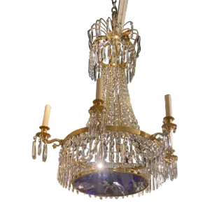 1900s Empire Crystal 6 Lights Chandelier With Cobalt Glass