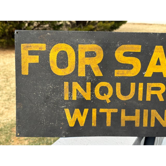 Late 19th / Early 20th C. Painted metal retail sign. FOR SALE - INQUIRE WITHIN 18" wide by 9.5" tall. Four pin holes at...