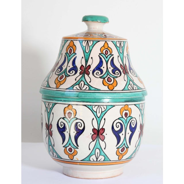 White Glazed Moorish Ceramic Covered Jar Handcrafted in Fez Morocco For Sale - Image 8 of 15