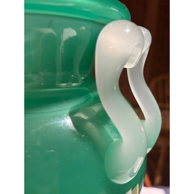 Early 20th Century Attributed Stuben Frederick Carder Era Jade Green Art Glass Urn Vase With Handles For Sale - Image 5 of 7