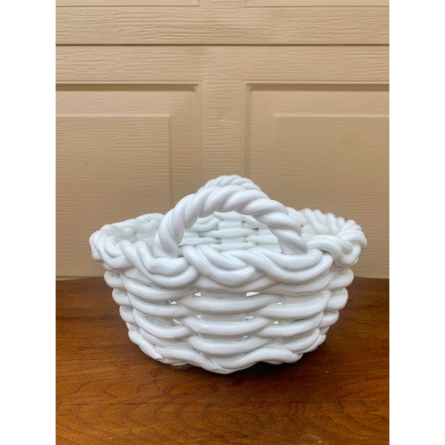 1980s Italian White Ceramic Trompe L’Oeil Woven Basket Cachepot For Sale - Image 10 of 12