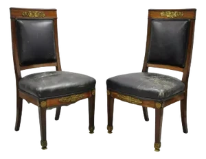 Late 19th Century Antique French Empire Mahogany Side Chairs With Neoclassical Bronze Ormolu - Pair