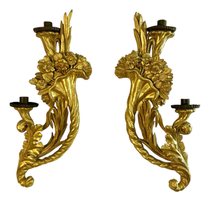 Gilded Wood and Cornucopia Floral Carving Appliques, 18th Century, Set of 2