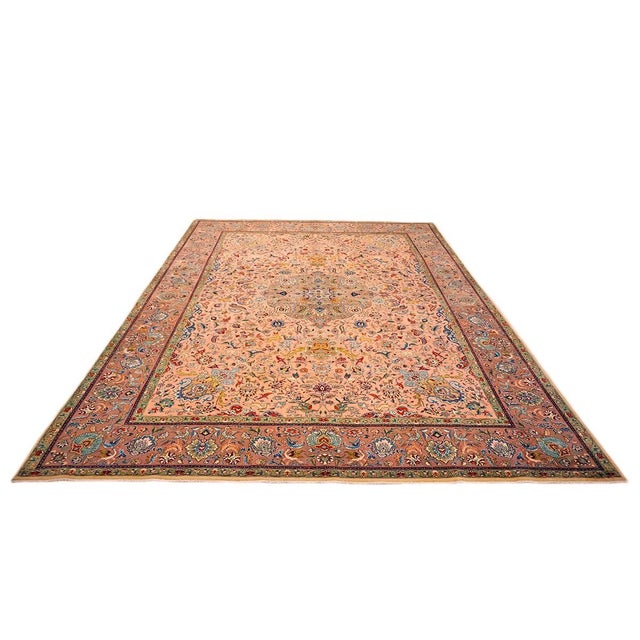 Antique Persian Tabriz Pahlavi Wool 10x13 Salmon, Rose & Blue Handmade Area Rug #9902599 For Sale - Image 4 of 10