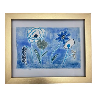 Blue Floral Abstract Oil Drawing For Sale