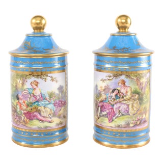 Large 19th Century Sevres Style Gilt Porcelain Covered Jars - a Pair For Sale