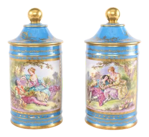 Large 19th Century Sevres Style Gilt Porcelain Covered Jars - a Pair