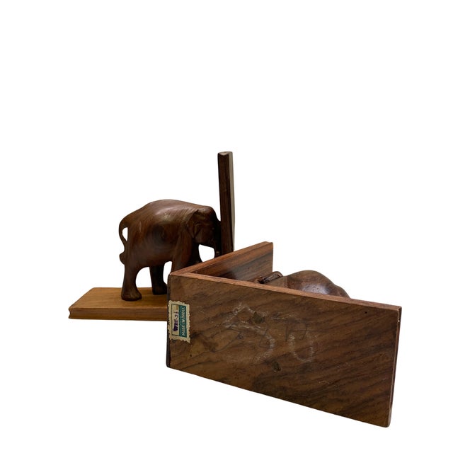Folk Art Vintage Hand-Carved Wooden Elephant Bookends, 1970s For Sale - Image 3 of 5