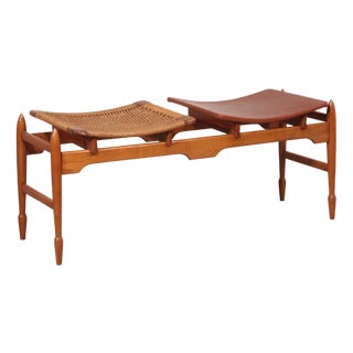 Mid-Century Italian Wooden Bench with Sisal Rope and Cognac Leather Seat, 1960s For Sale