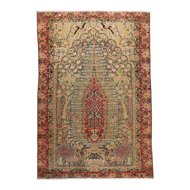 Early 20th Century Museum Quality Persian Carpet With Peacocks, Deer & Floral Medallion – A Tapestry of Nature and Nobility - 4' X 6' 2'' For Sale