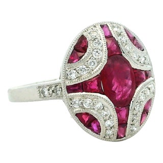 Platinum Cabochon Ruby, Diamond and Calibré Ruby Bombé Ring, Size 7.5 For Sale