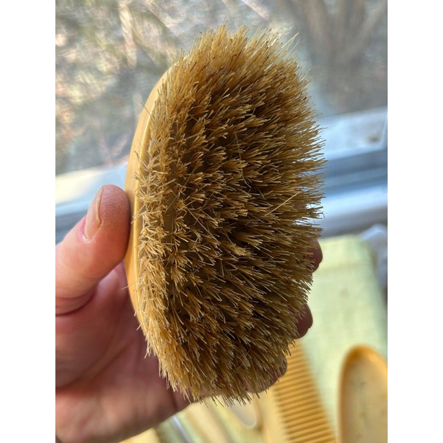 8 Pc Antique French Ivory Celluloid Dresser Set With Clock and More Art Deco 30s For Sale - Image 4 of 9