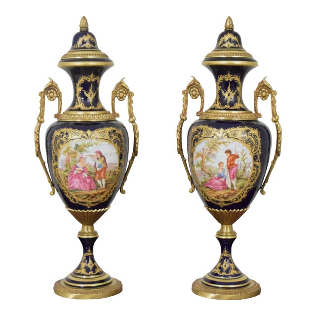 Pair Vintage Sevres Porcelain Bronze Mounted Urns For Sale
