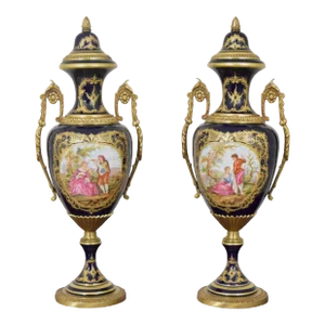 Pair Vintage Sevres Porcelain Bronze Mounted Urns