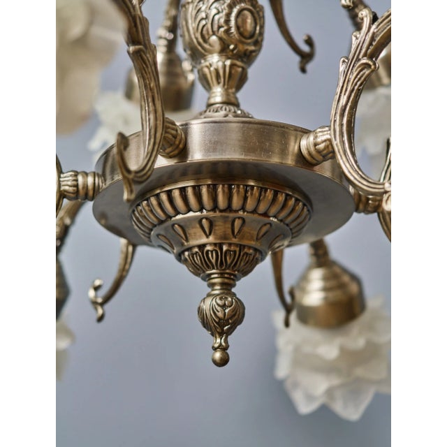 2000 - 2009 White Brass 12-Arm Chandelier with Rose-Shaped Glass Shades For Sale - Image 5 of 11