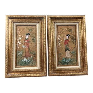 Pair of Vintage Chinoiserie Oil-on-Cork Paintings of Chinese Ladies in Ornate Gilt Frames For Sale