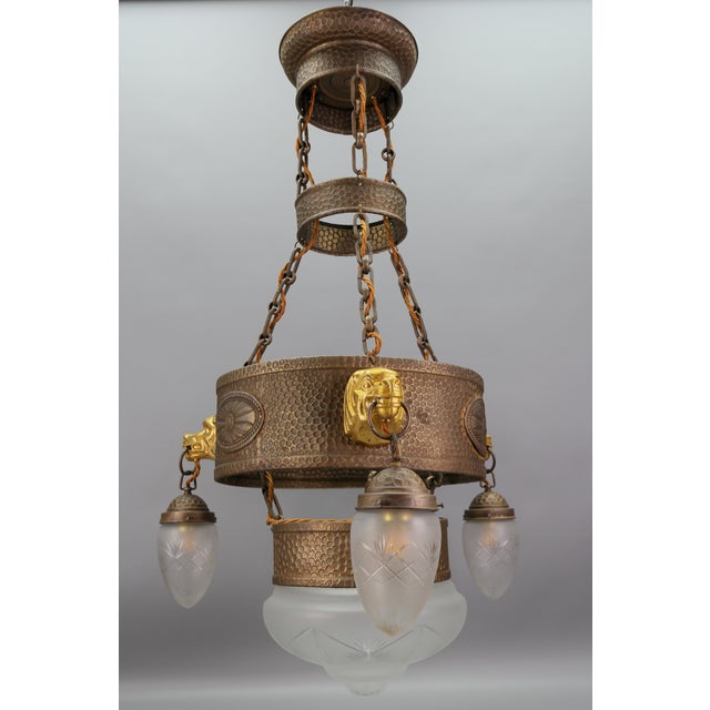 Copper German Art Deco Metal and Frosted Glass Chandelier with Dog Heads, 1930s For Sale - Image 8 of 18
