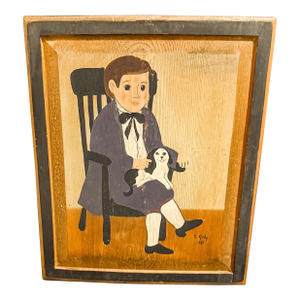 1980s Signed American Folk Art Painting on Board by J. Kirby.