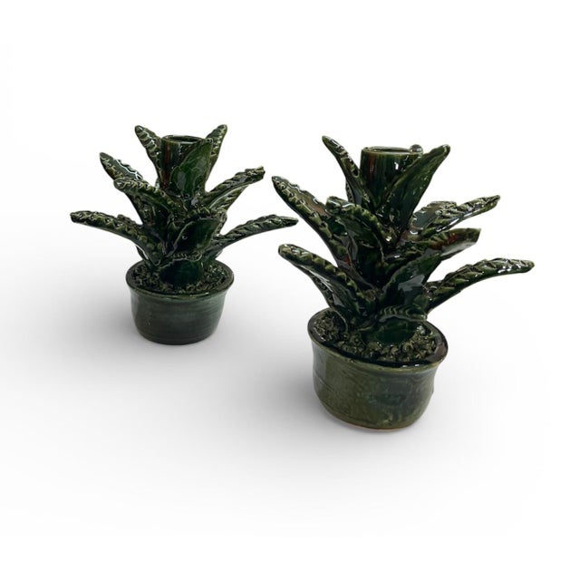 Contemporary Moroccan Hand-Glazed Ceramic Succulent Taper Holders – Pair For Sale - Image 4 of 12