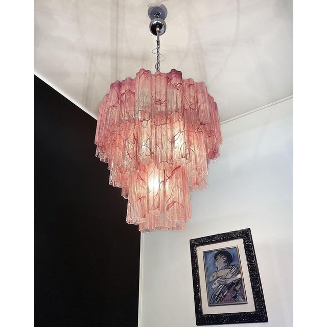 Large Three-Tier Murano Glass Tube Chandelier in Pink Albaster, 1990s For Sale - Image 9 of 18